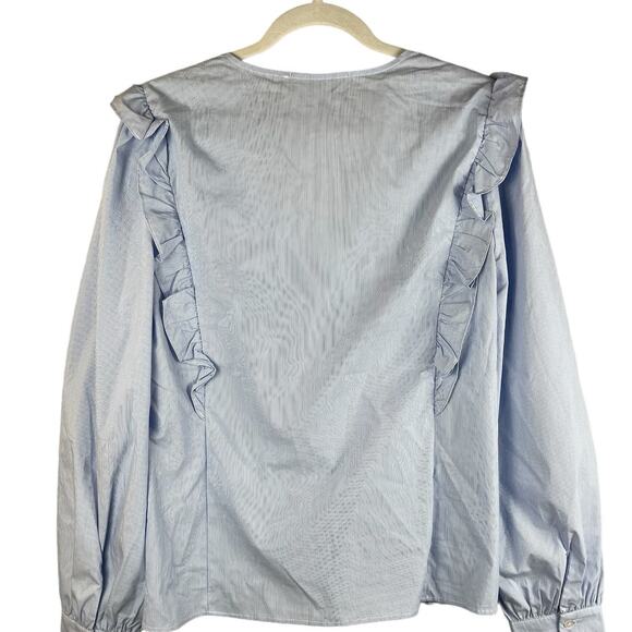 Marc New York Lightweight Blue & White Ruffled V-Neck Blouse Size Large - Picture 4 of 9